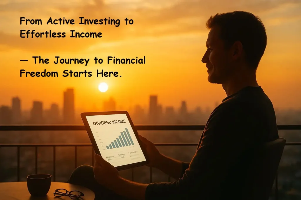 Successful investor enjoying morning financial freedom on a balcony while reviewing dividend income growth on a tablet, symbolizing wealth creation through the best dividend stocks strategy. here