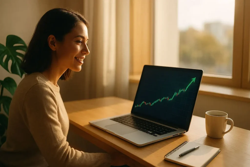 Young entrepreneur smiling at her laptop showing a rising dividend chart, symbolizing success in finding the best dividend stocks for passive income in a bright home office.