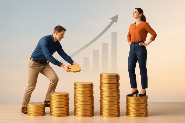 “Man and woman building wealth by stacking golden coins with financial growth chart in background – wealth building strategy visualization"