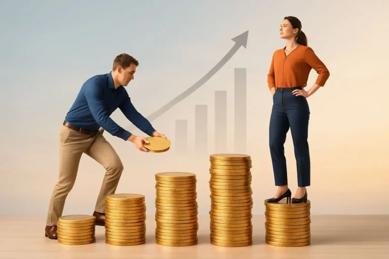 Man and woman building wealth by stacking golden coins with financial growth chart in background – wealth building strategy visualization