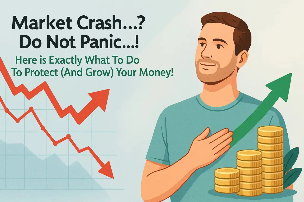 Confident investor staying calm during a market crash, symbolizing smart investing and long-term wealth growth — concept of market crash guide to grow money.