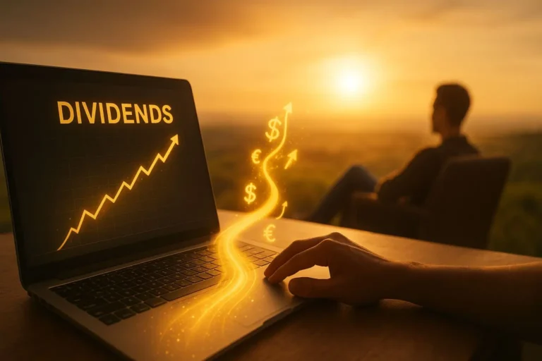 Conceptual image showing the journey to financial freedom through dividend investing, with a glowing path of currency symbols leading from a laptop displaying dividend growth to a relaxed investor, symbolizing success with the best dividend stock strategy.