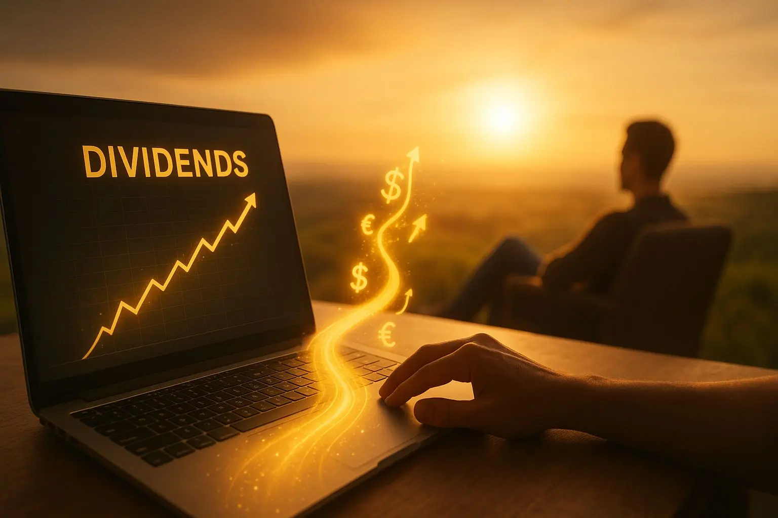Conceptual image showing the journey to financial freedom through dividend investing, with a glowing path of currency symbols leading from a laptop displaying dividend growth to a relaxed investor, symbolizing success with the best dividend stock strategy.