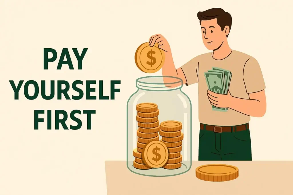 Illustration of a person saving money with a piggy bank labeled “Pay Yourself First” emphasizing smart financial habits and it is the first and for most step to build wealth in 3 simple steps