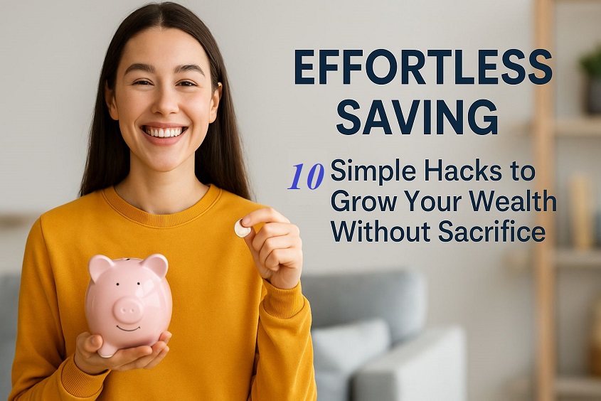 Smiling woman holding a piggy bank and coin, representing effortless saving and sustainable wealth growth. with quick investment tips..