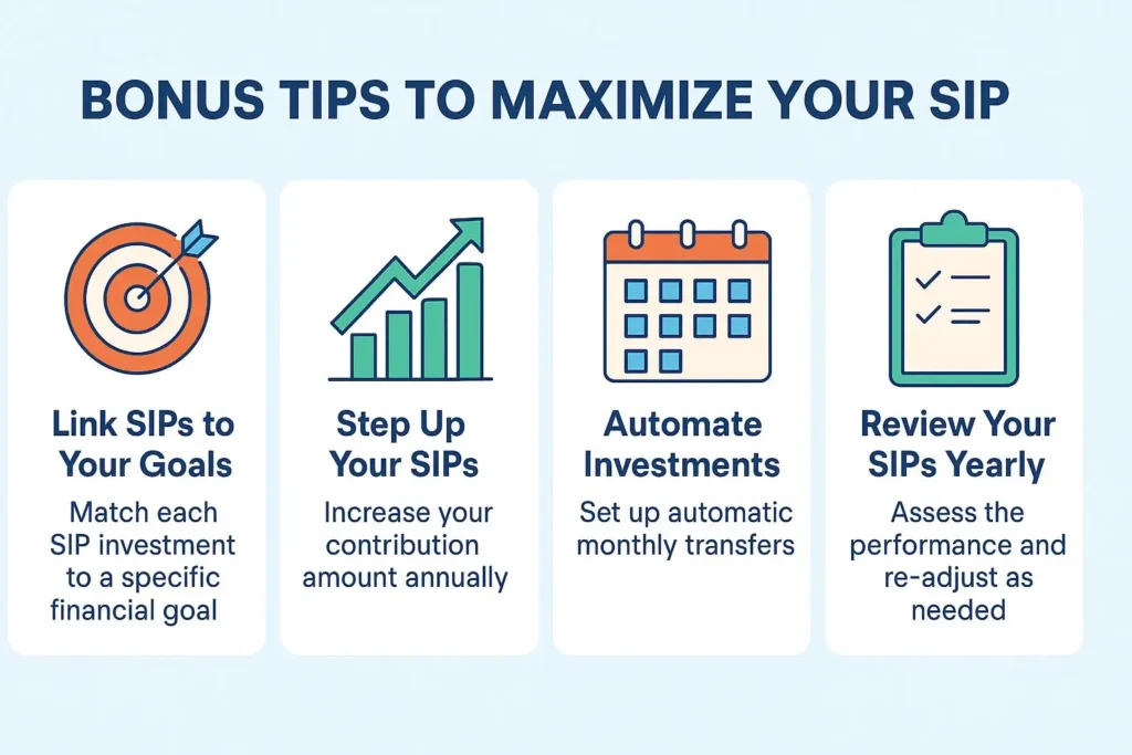 Illustration showing SIP bonus tips for smarter investing decisions – Systematic Investment Plan