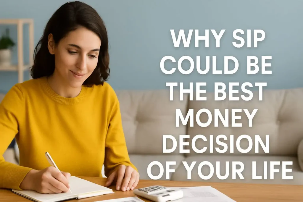 Smiling woman with bold text saying “Why SIP Could Be the Best Money Decision of Your Life”. she is studying and calculating about systematic investment plan.