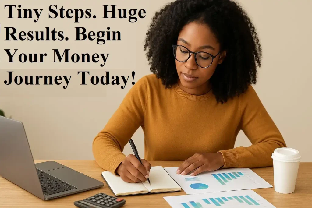 Smiling young professional using a saving planner and laptop for smart saving in 2025, symbolizing financial freedom and money management.