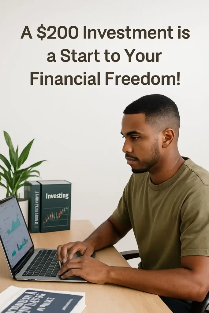 A young man confidently reviewing investment options on a digital device, symbolizing how to start investing with $200 monthly for long-term wealth growth.