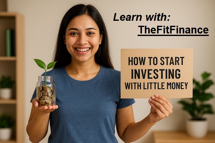 Smiling young woman holding a jar of coins with a small plant growing and a sign that says “How to Start Investing with Little Money” – symbolizing smart investment beginnings with small savings.