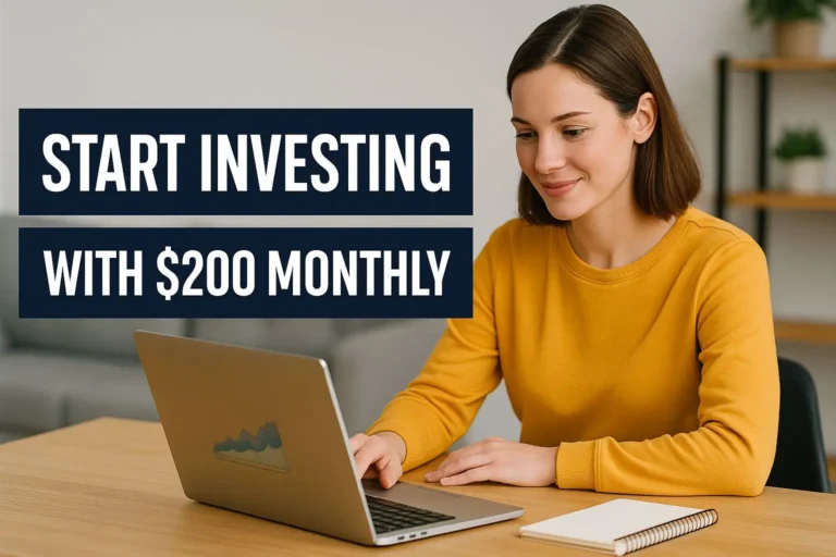 Digital graphic design showing a person confidently stepping into the world of investments with the message “Start Investing with $200 Monthly” — symbolizing financial empowerment for beginners.