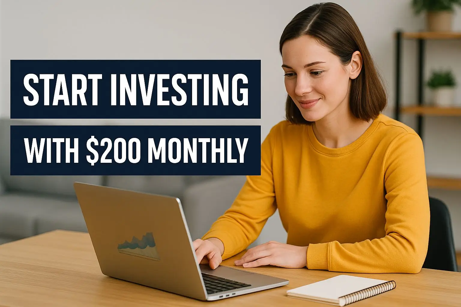 Digital graphic design showing a person confidently stepping into the world of investments with the message “Start Investing with $200 Monthly” — symbolizing financial empowerment for beginners.