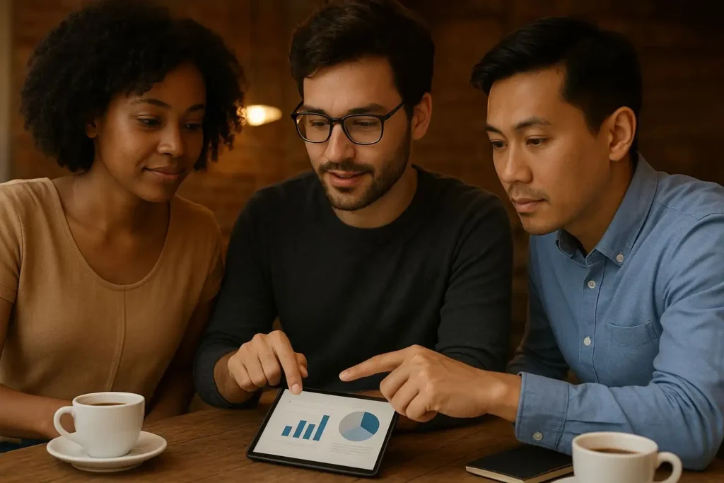 Three diverse small business owners in a cozy cafe reviewing loan comparison charts on a tablet, symbolizing the debate on AI Microloans investing.