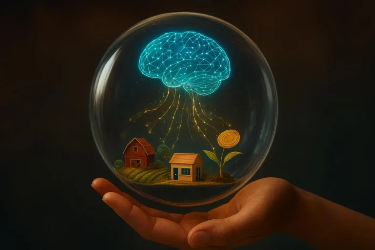 A hyper-realistic glass globe with a glowing blue AI neural network analyzing and directing streams of golden coins toward miniature small businesses, symbolizing the impact of AI Microloans investing on emerging markets.