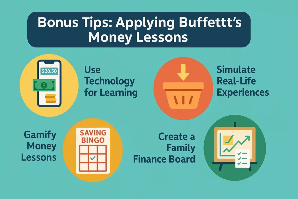 Bonus tips for applying money lessons from Warren Buffett with technology, real-life simulations, family finance board, and gamified savings.