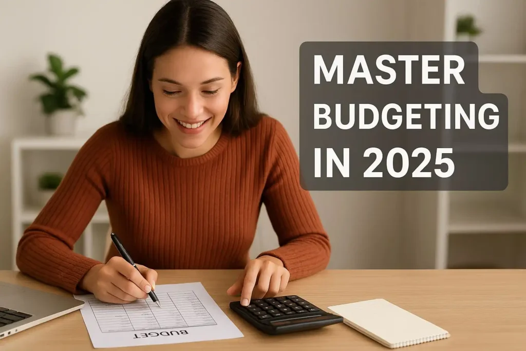Young professional using a budget planner and expense tracker for effective budgeting in 2025.