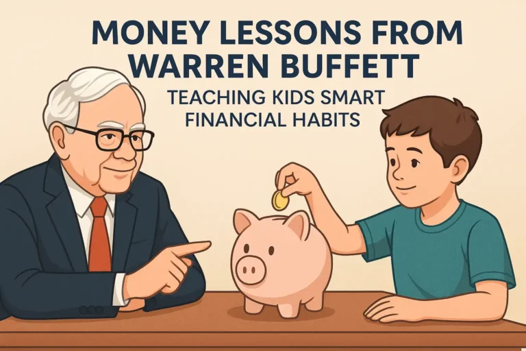 Illustration of Warren Buffett teaching a child about saving money with a piggy bank – money lessons from Warren Buffett for kids.