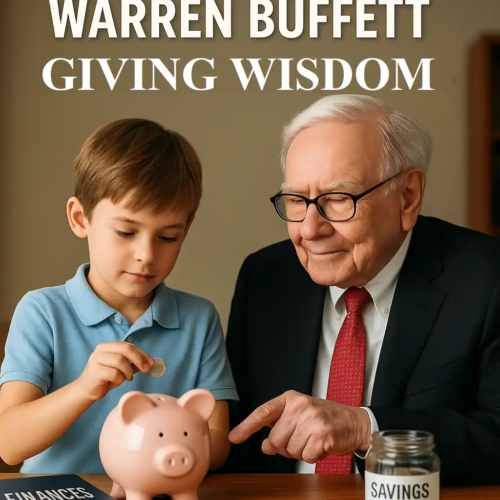 Warren Buffett teaching a young boy financial literacy with a piggy bank – money lessons from Warren Buffett for kids.