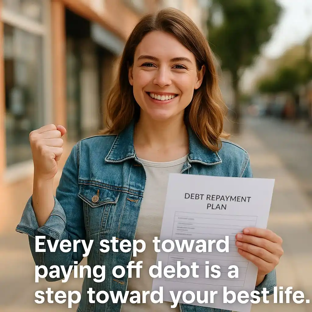 Confident young woman planning to debt repayment, symbolizing the journey of creating wealth and having a clear plan to pay off credit card debt fast.