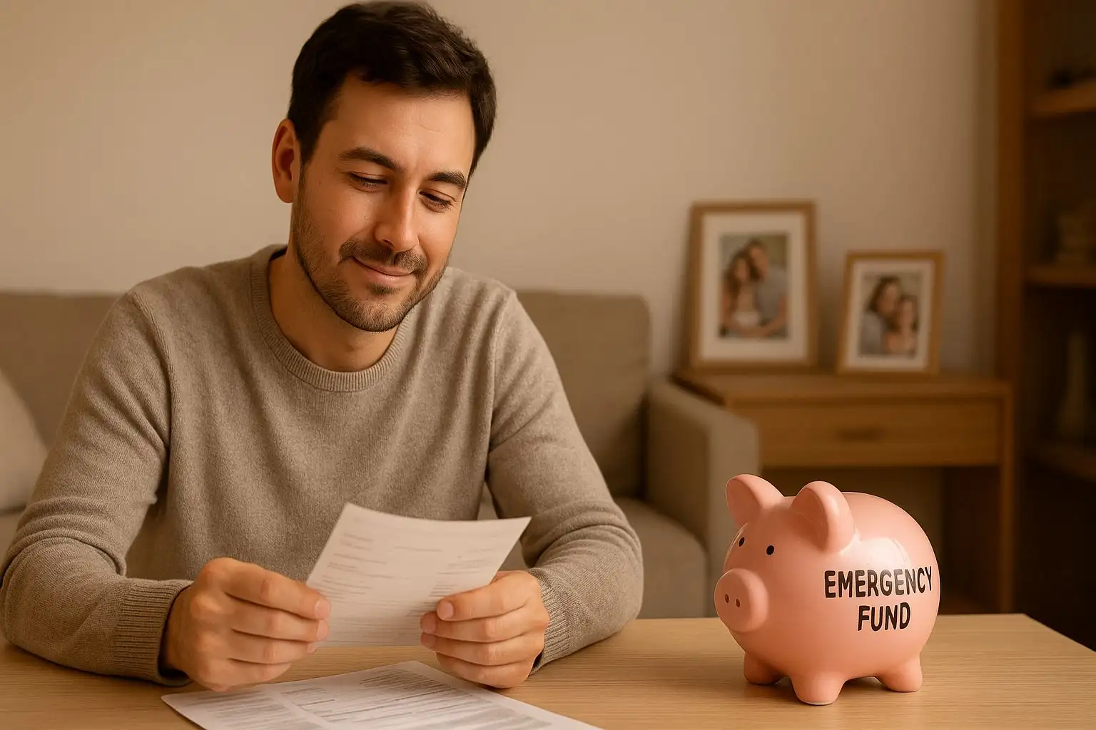A man reviewing bills at home with a piggy bank labeled Emergency Fund, symbolizing financial preparedness and security during crises.