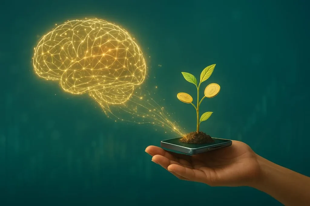 A glowing AI neural network handing a small plant with coin leaves to a human hand, symbolizing AI microloans investing and financial growth in emerging markets.
