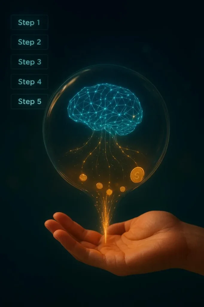 A futuristic tablet displaying a holographic world map with AI data streams and microloan reinvestment steps, representing AI Microloans investing and global financial inclusion.