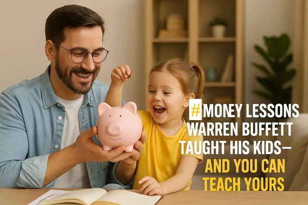 Father teaching daughter about saving money with a piggy bank – financial literacy for kids inspired by money lessons from Warren Buffett taught his kids so you can teach yours kid