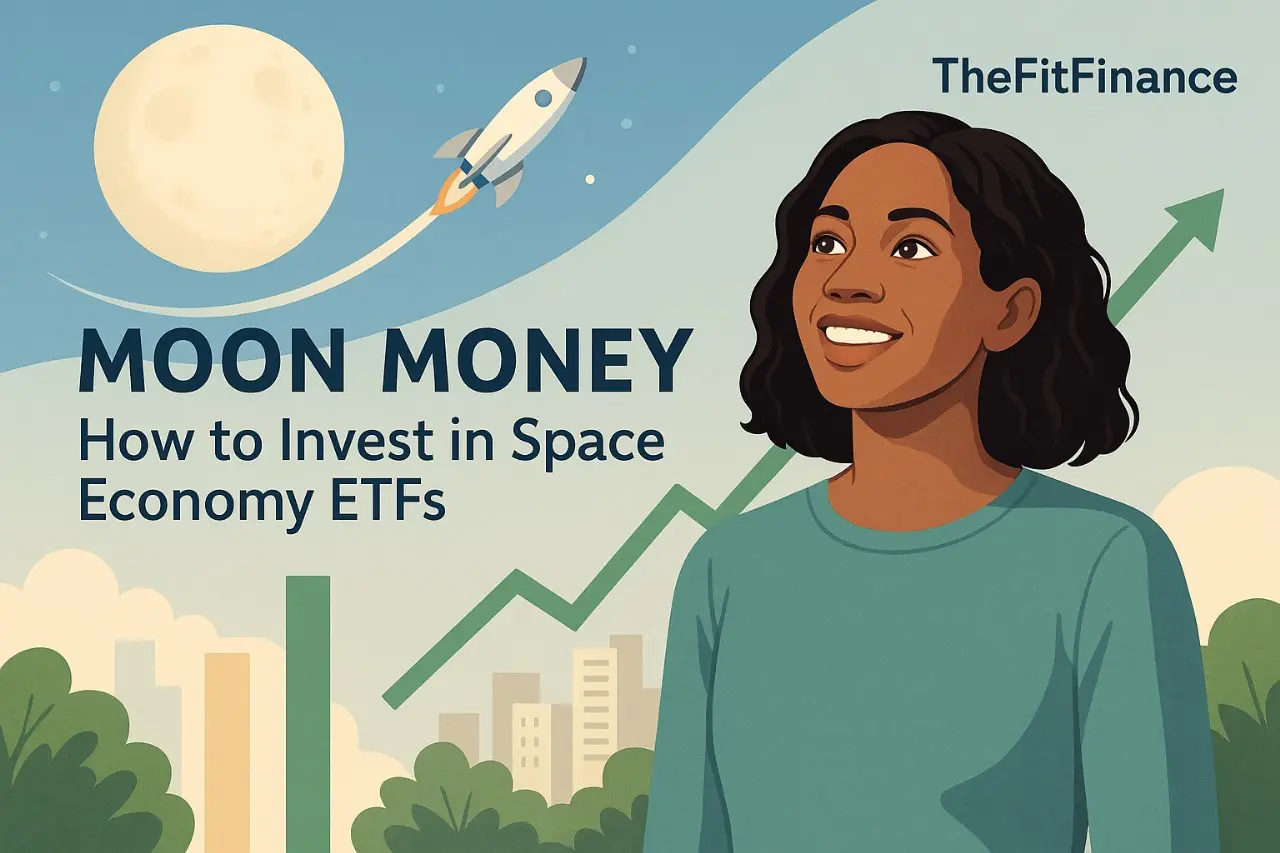 Confident woman looking at a rocket and moon symbolizing financial growth and innovation — Moon Money concept of how to invest in space economy ETFs for long-term wealth.