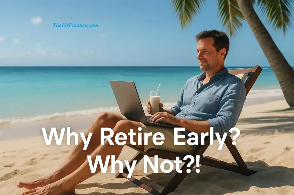 Man after retire at 45 enjoying working remotely on a beach with laptop and coconut water