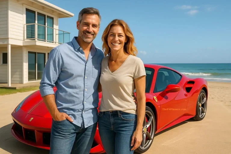 Happy couple celebrating early retirement at 45 with financial freedom and scenic views