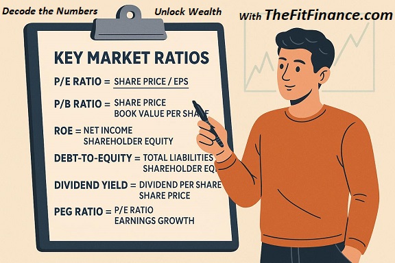 Illustration of a professional investor analyzing key financial ratios, with a focus on Debt-to-Equity, against a backdrop of a subtle upward-trending market graph.