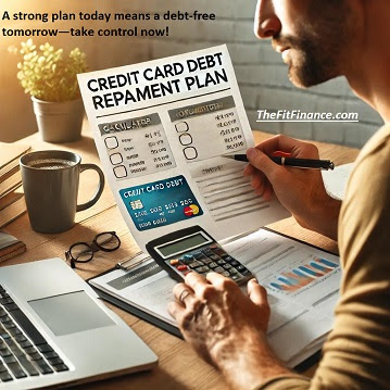 A determined individual reviewing their credit card debt repayment plan with a laptop, calculator, and financial documents, emphasizing strategic money management.