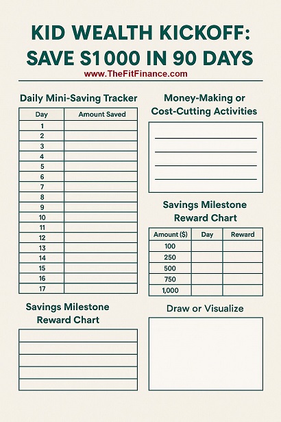 Kid Wealth Kickoff worksheet to save money fast for kids with a 90-day savings tracker, goal-setting sections, and fun reward milestones.
