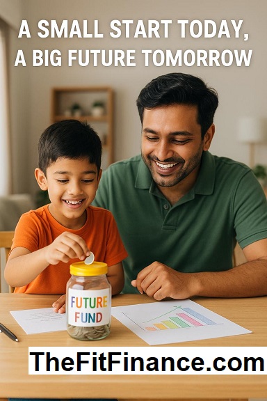 Father teaching young son how to save money fast for kids using a future fund jar and colorful savings chart at home.