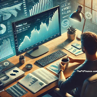 A person reviewing their investment portfolio at a modern desk, with a computer screen displaying an S&P 500 index chart and financial growth projections, symbolizing long-term wealth-building through passive investing.