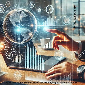 Investor analyzing stock market trends on a high-tech screen with financial charts, showcasing futuristic investment strategies in a modern workspace.