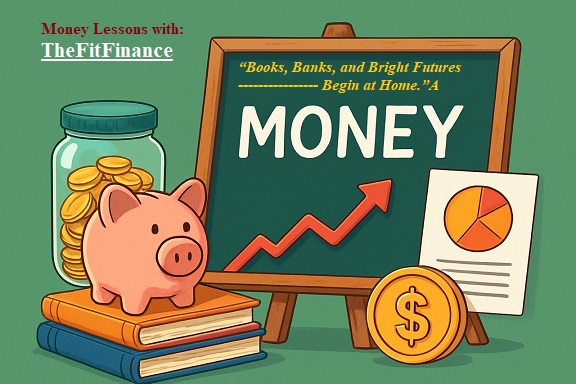 A colorful illustration of financial literacy symbols including a piggy bank, gold coin jar, and chalkboard with “MONEY” and upward graph, representing kids learning about money.