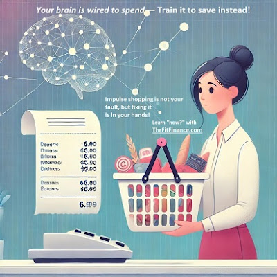 A person at a store checkout looking shocked at their total bill, with neural signals in the background symbolizing impulse spending triggers.