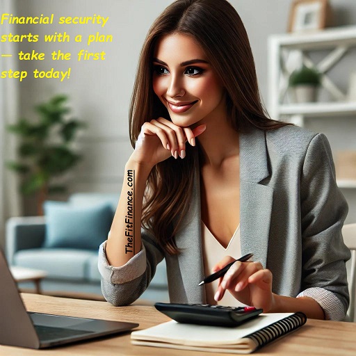 A young professional woman reviewing her financial budget at a desk with a laptop, calculator, and notebook, symbolizing financial planning and stability.