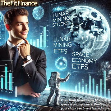 Investing in the Space Economy: A New Financial Frontier A futuristic investor analyzing lunar mining stocks and space economy ETFs on a high-tech financial screen, with the Moon visible through a space station window.