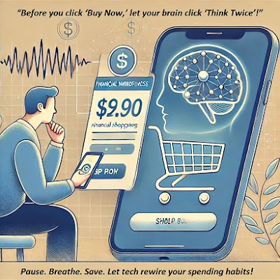 A person using a brainwave app while looking at an online shopping cart, with a financial mindfulness alert popping up on their screen.