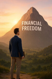 A confident man stands at sunrise, gazing at a towering mountain labeled “Financial Freedom,” symbolizing ambition, hope, and the beginning of a wealth-building journey.