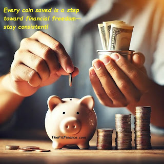 A person stacking coins into neat piles while holding a piggy bank, representing disciplined savings and financial growth.