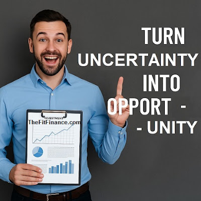 Motivated man holding investment chart, pointing upward with confidence beside the phrase "Turn Uncertainty into Opportunity