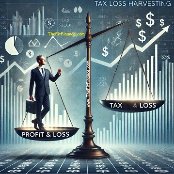 Professional investor balancing profit and loss on a financial scale, symbolizing tax loss harvesting and strategic financial decision-making