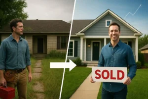 A real estate investor showcases the before and after transformation of a renovated property — the complete journey of flipping houses for profit with smart renovation and resale strategy.