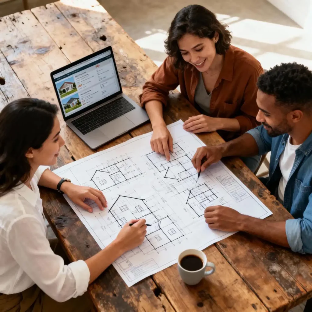 A diverse group of real estate investors reviewing blueprints and property listings while planning a project for flipping houses.