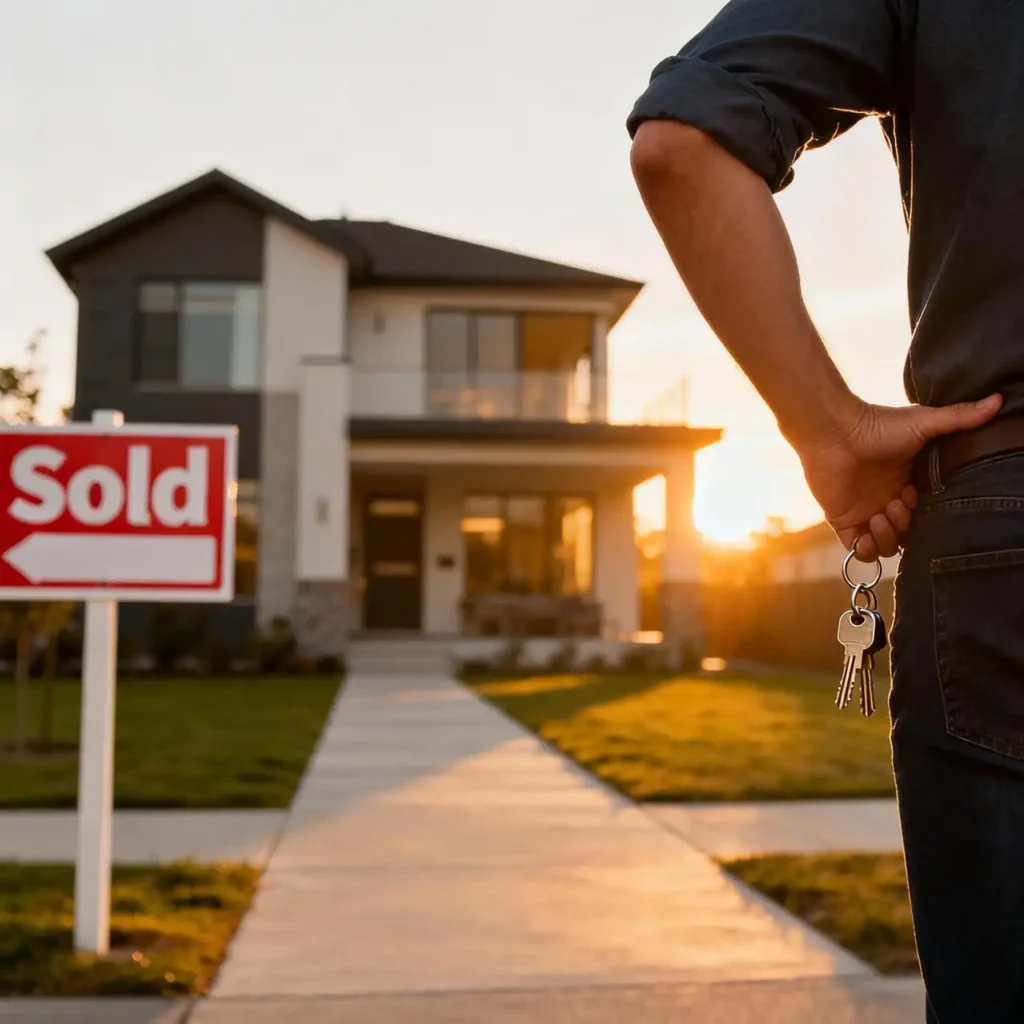 Man proudly holding house keys after successful home renovation, symbolizing achievement in flipping houses during golden hour.