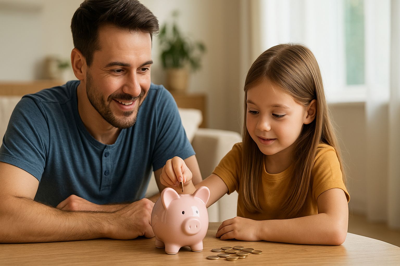 A young girl around 7 years old learning to save money with her father, illustrating the concept of teaching kids saving habits early — how to save money fast for kids.