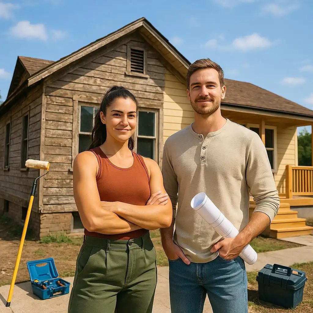 A young couple of real estate investors starts renovation and property listings while planning a project for flipping houses.